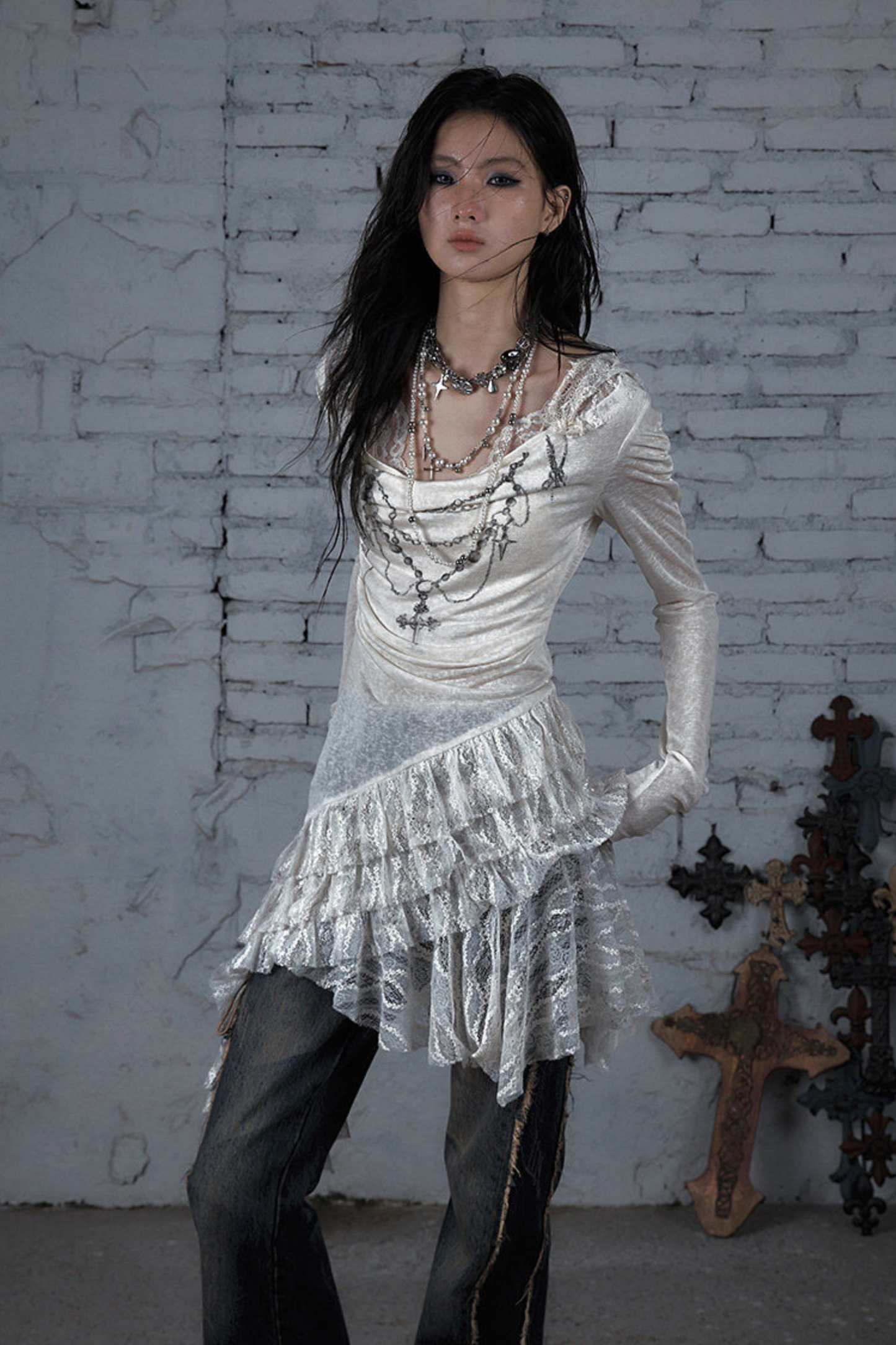 Punk-Spitzen-Kapuzen-Asymmetrie-Kleid