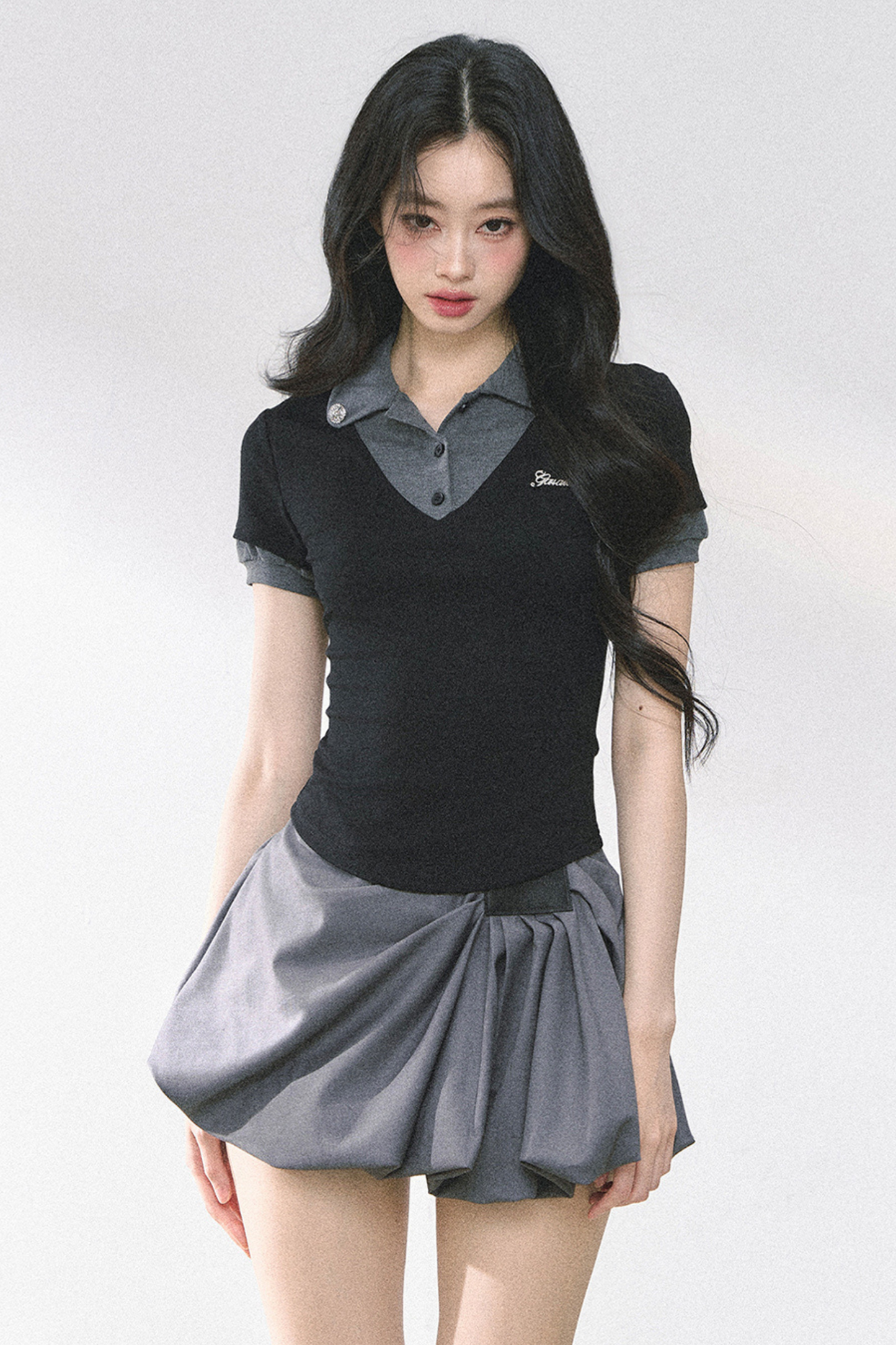 フレンチシャツタイトガーリートップス