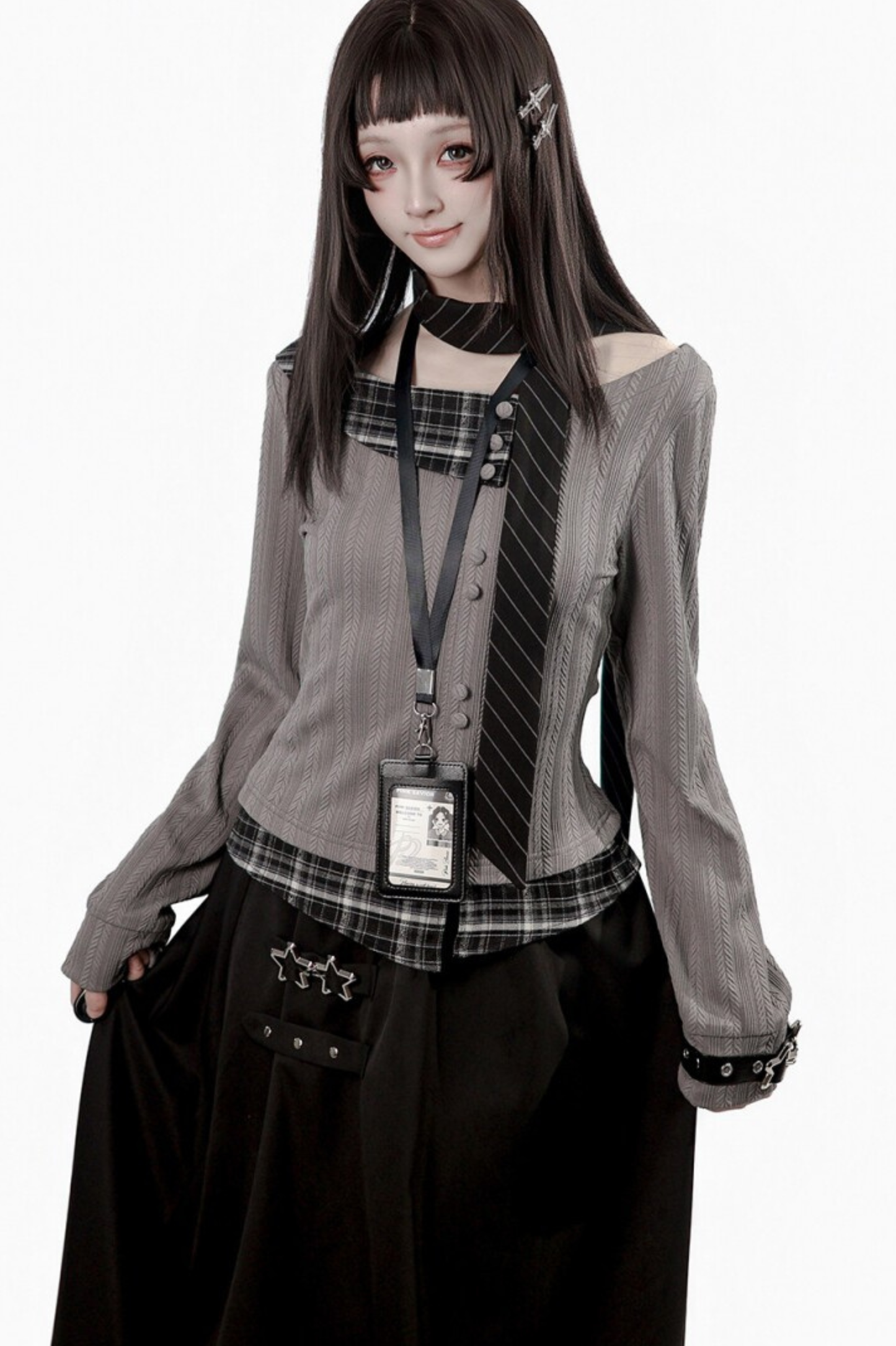 Y2K Dark Top + Flare Skirt + Scarf