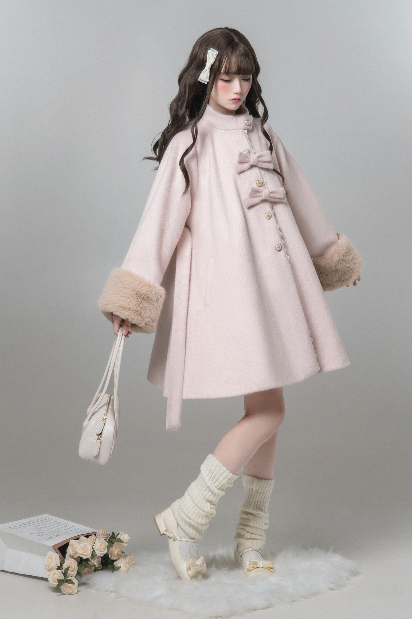 スイートガーリーリボンフレアコート+ファーカラー+シャツ+スカート+ベレー帽