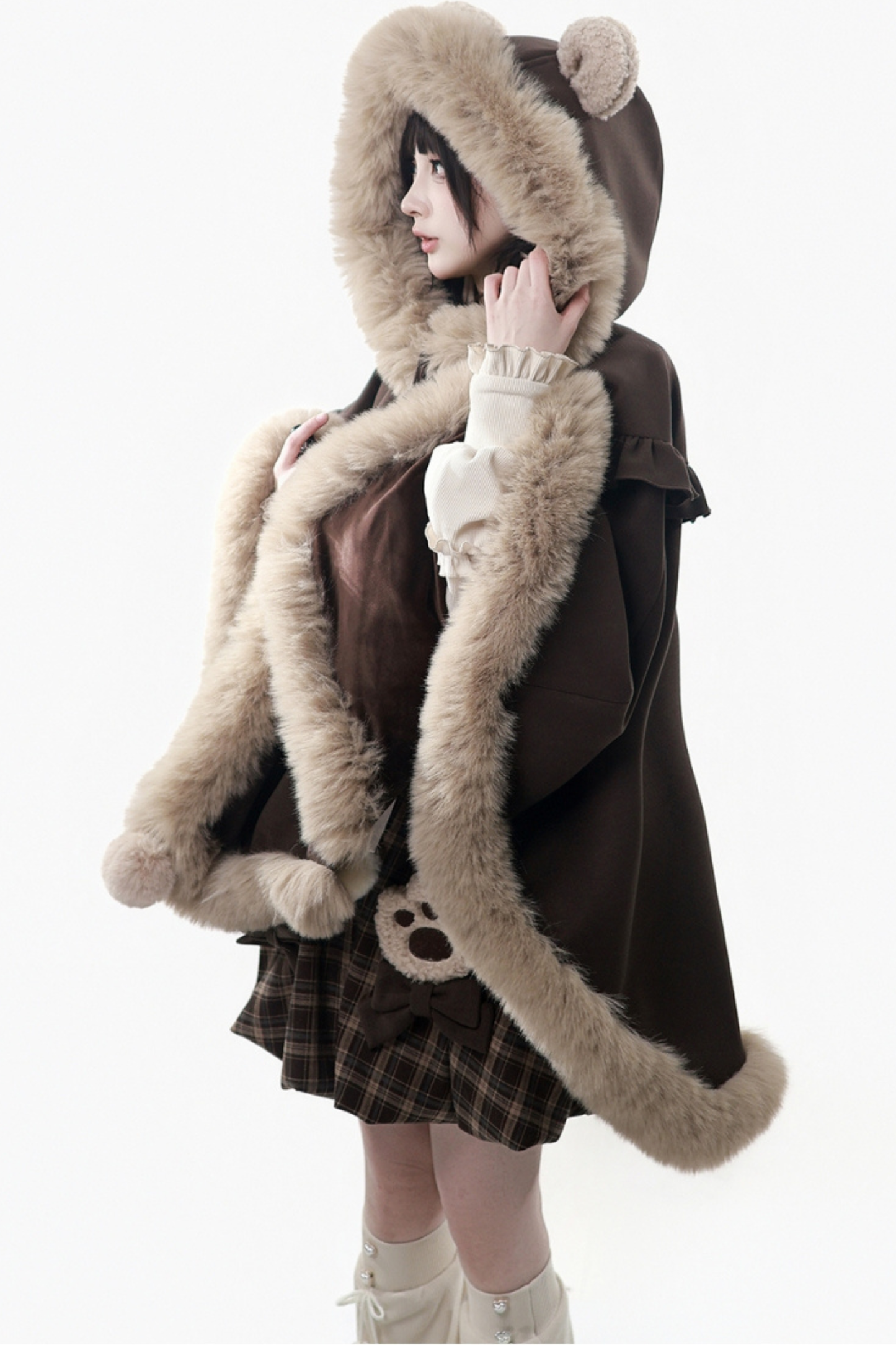 ベルベットベアフードケープ+トップス+サスペンダースカート+レッグカバー