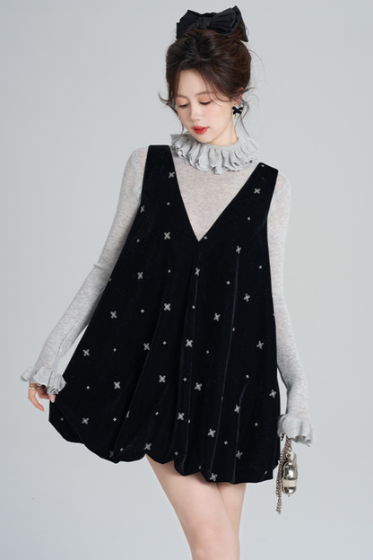 フレンチブラックベルベットリボンバルーンドレス