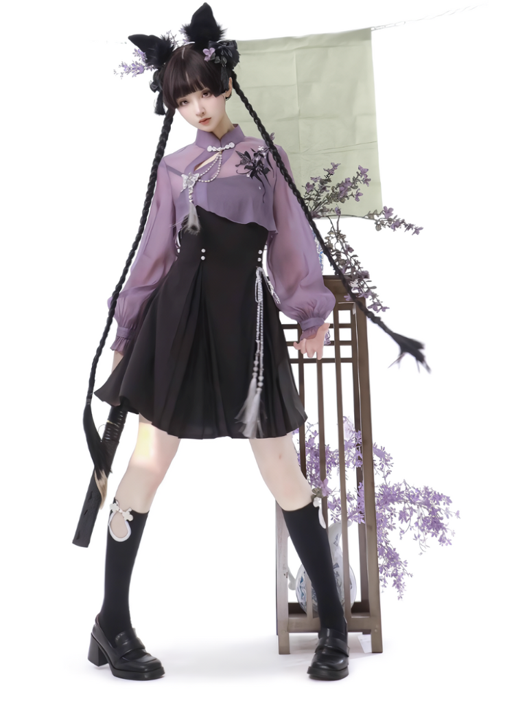 Purple Butterfly China Top + Suspender Skirt