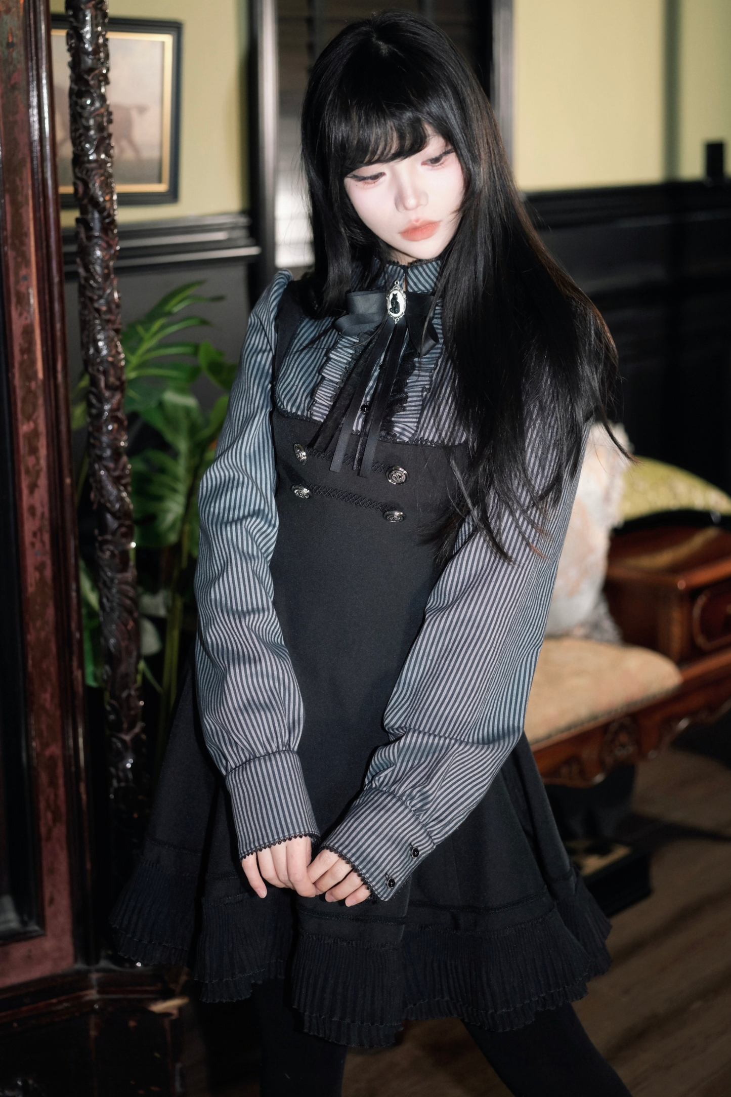 ダークフレンチパッチワークストライプドレス