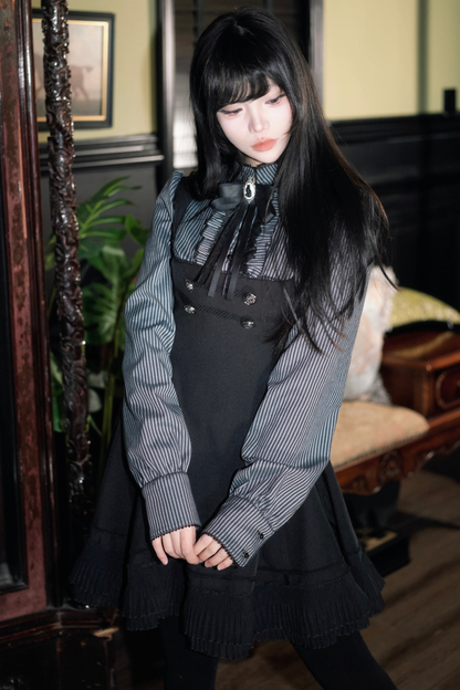 ダークフレンチパッチワークストライプドレス