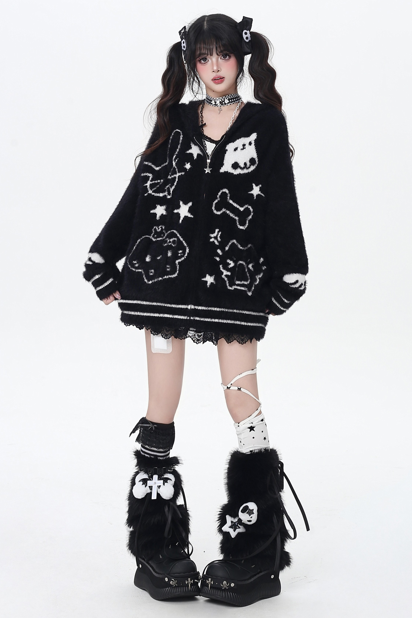 キャットジップフーセーターカーディガン