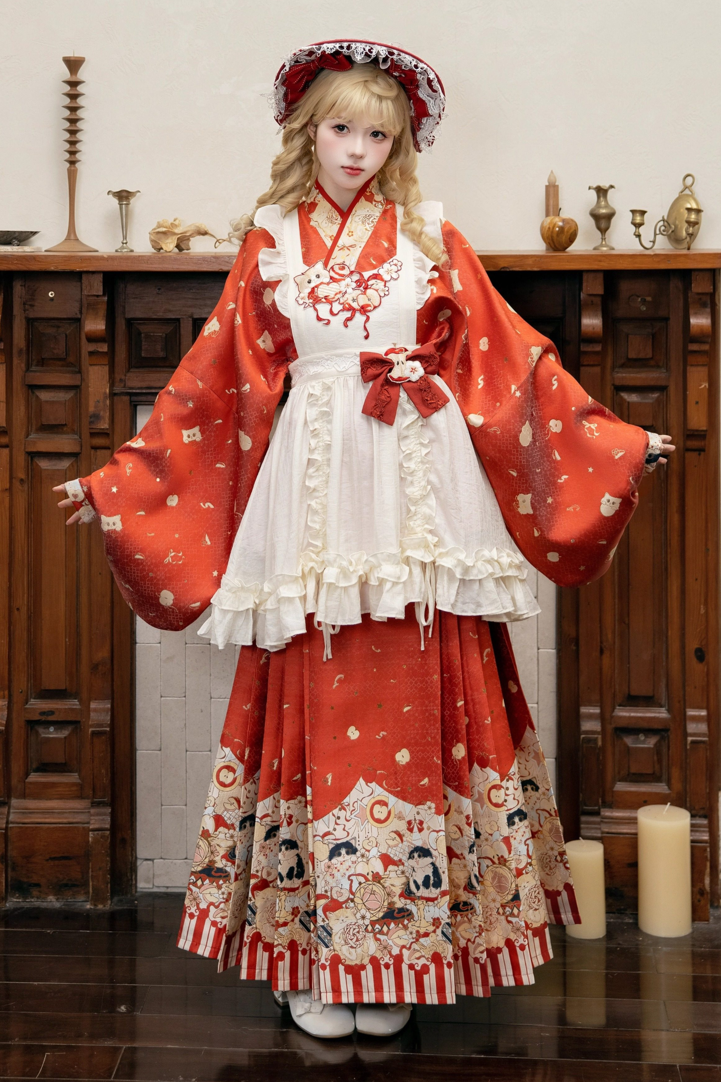 Apfel-Cheongsam-Kleid + Rock + Überrock + Brosche + Schal