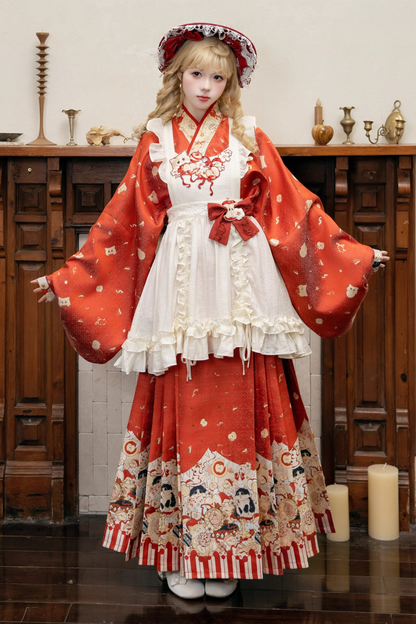 Apfel-Cheongsam-Kleid + Rock + Überrock + Brosche + Schal