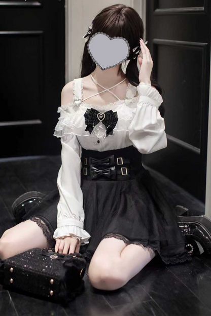 Mine off-the-shoulder shirt + checked skirt (with inner pants)