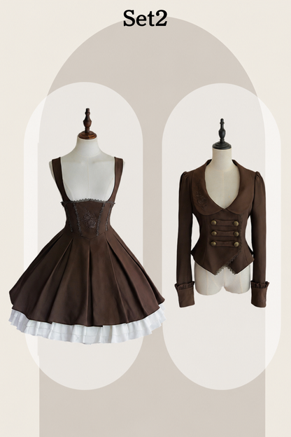 [Vorbestellschluss 919] Klassisch braunes plissiertes Korsett-Bustierkleid mit Rosenstickerei+Rüschenbluse mit Kamee-Schleifen-Spitzenjabot+Jacke mit Spitzenbesatz Set1/2+Komplettset [Kurz/Lang]