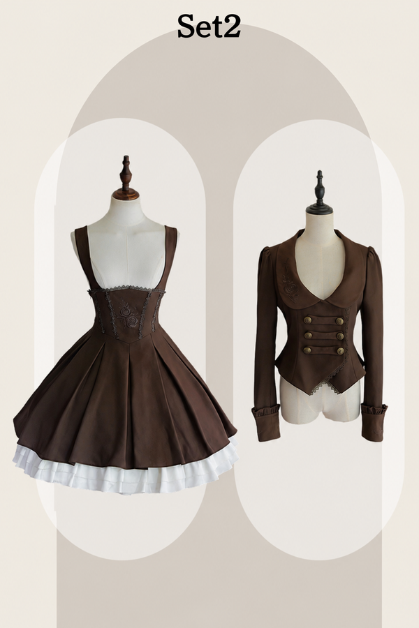 [Pre-order Deadline: September 19] Classic Brown Rose Embroidered Corset Bustier Pleated Dress + Cameo Bow Lace Jabot Ruffle Shirt + Lace Trim Jacket Set 1/2 + Full Set [Short/Long]