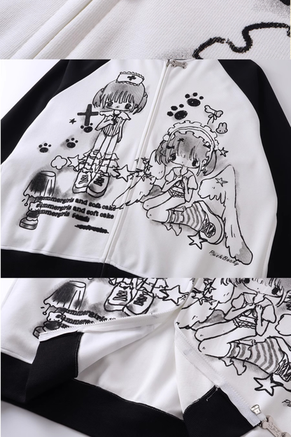 アニメガールイラストバイカラーフードパーカー