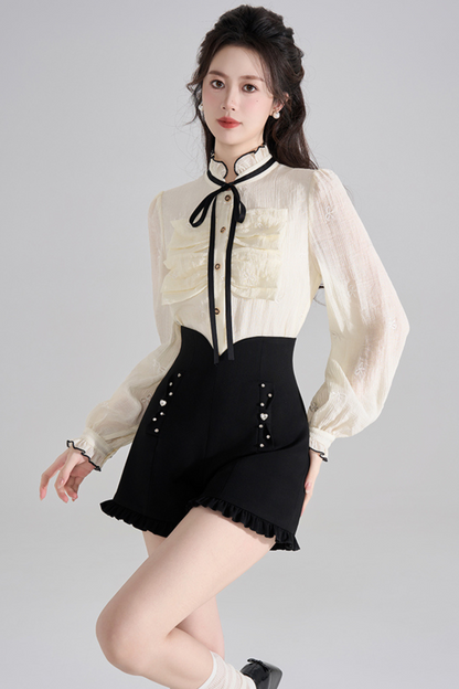 Dot Frilled V-Neck Blouse + Frilled Pants
