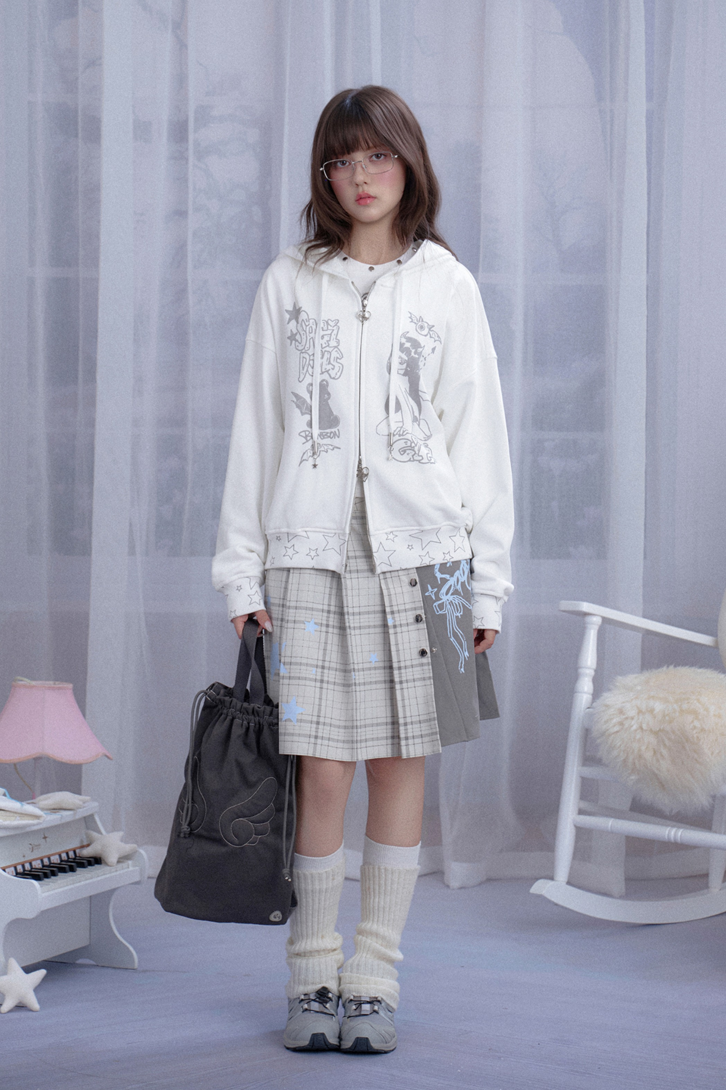 スターエンジェルウィンググラフィティプリントフードパーカー