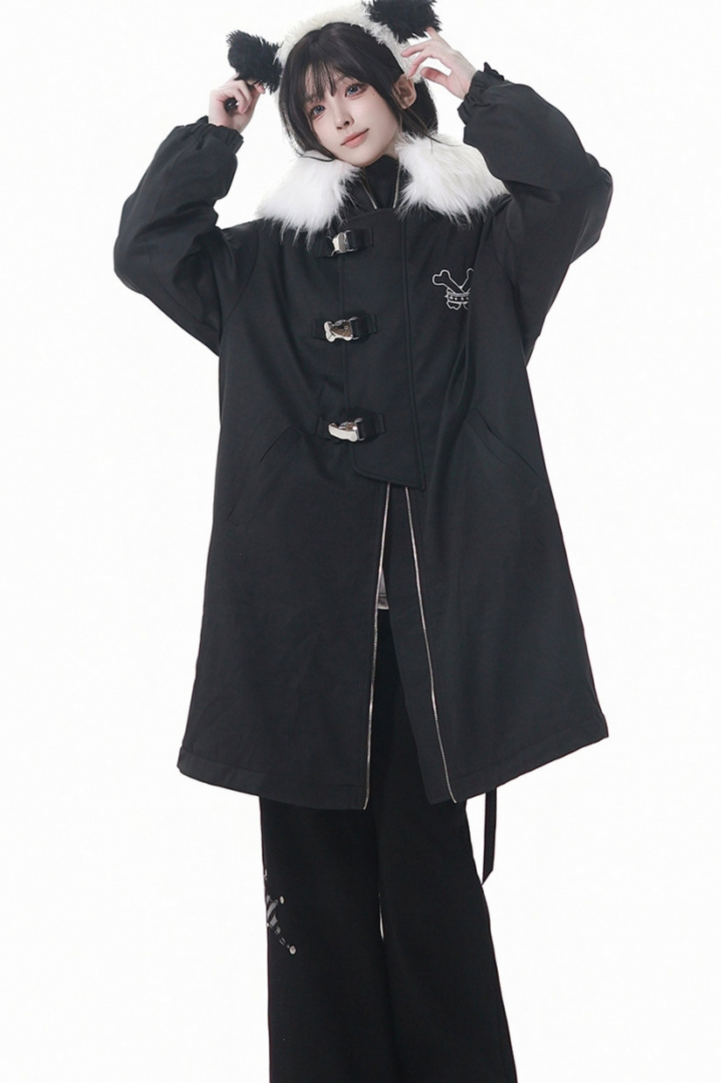 ダークカラーファーフードミドルコート