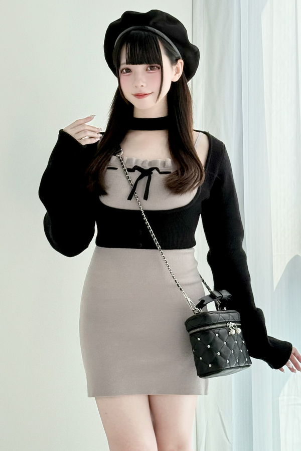 ショートニットカーディガン+タイトドレス