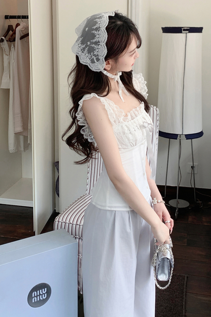 スイートショルダーリボンノースリーブトップス＋レースワイドパンツ