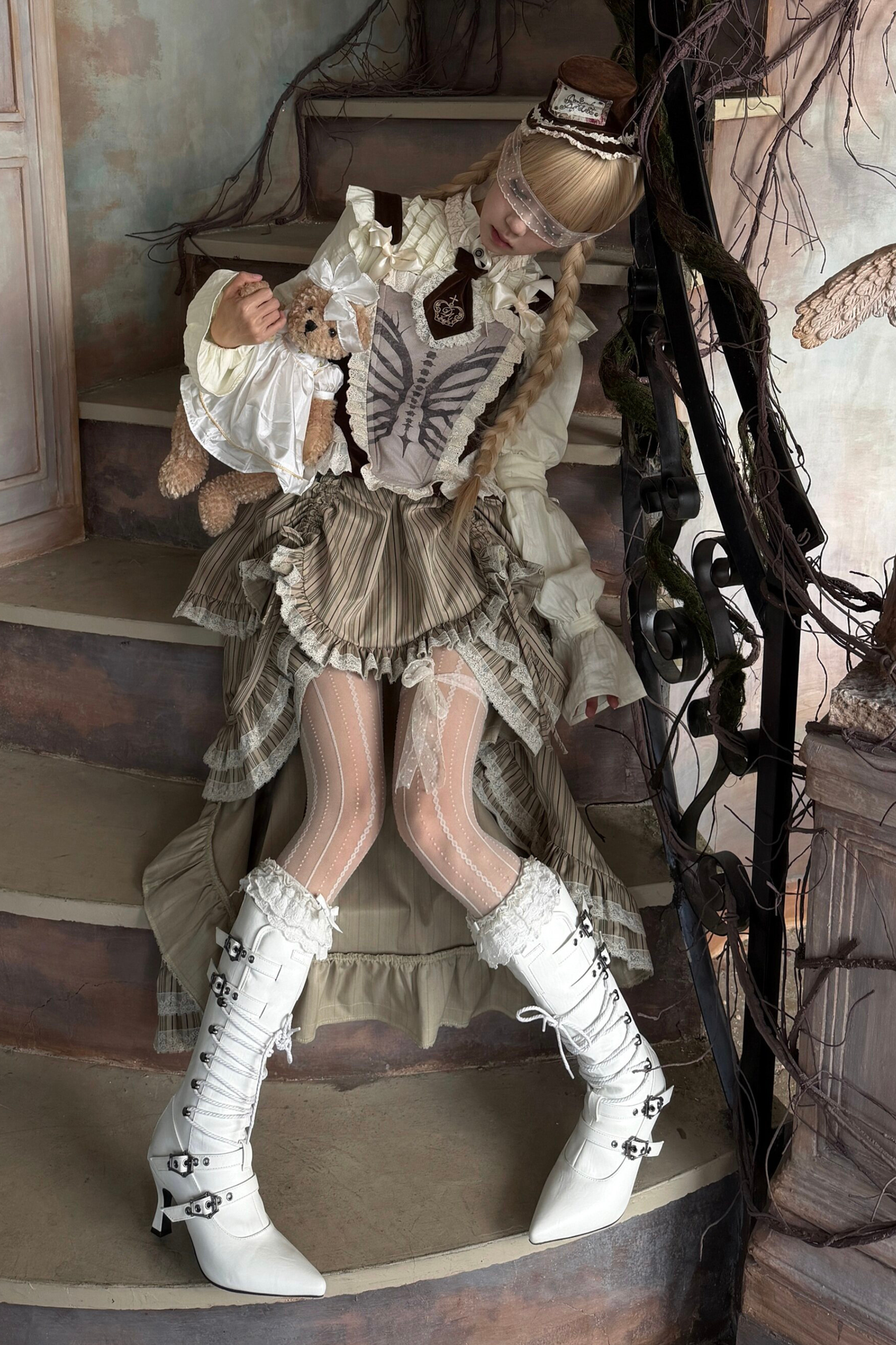 스트라이프 레이스 티어드 스커트