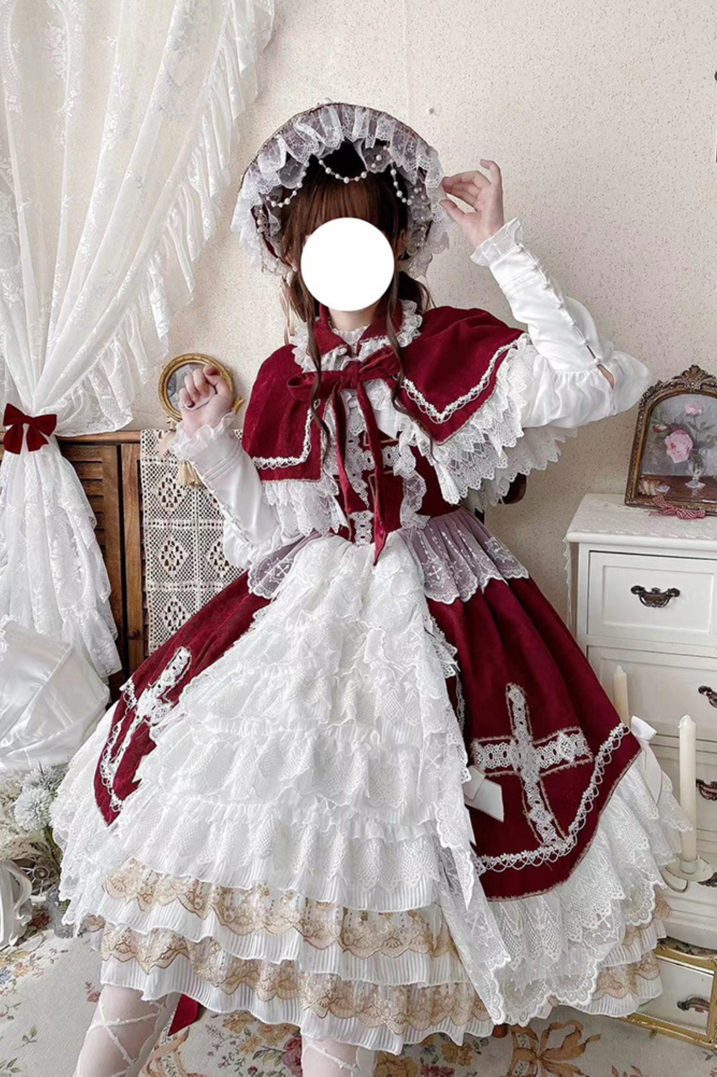 ゴシックドールレースジャンパースカート+ボンネット+ショール