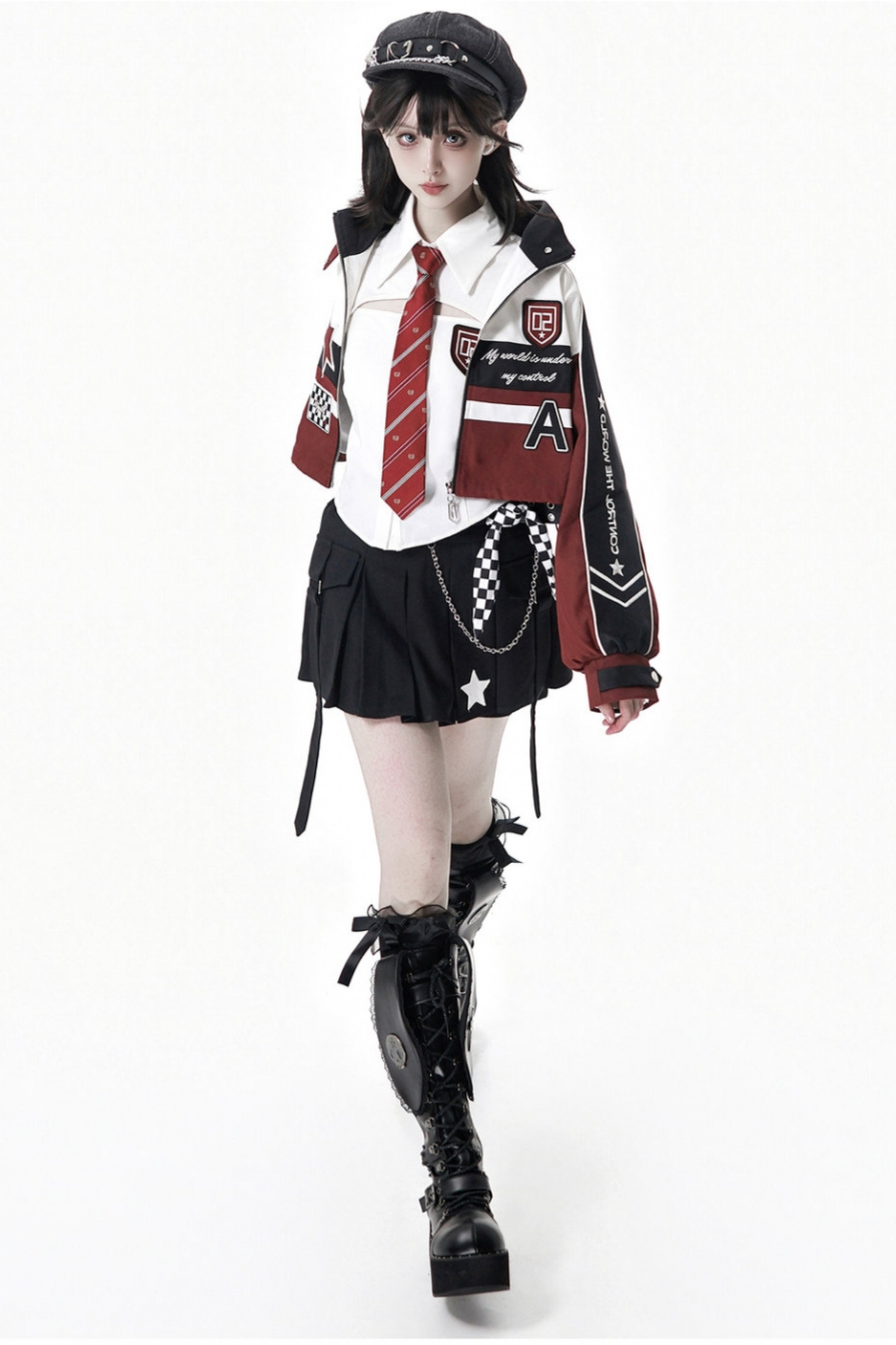 バイカージャケット+ネクタイ付きシャツ+スカート+ベルト