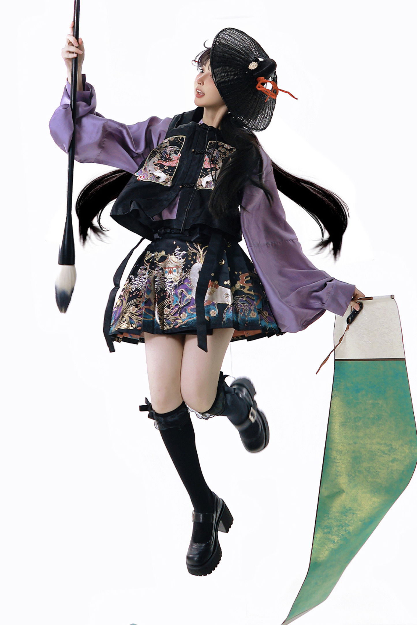 Dark china shirt + vest + skirt