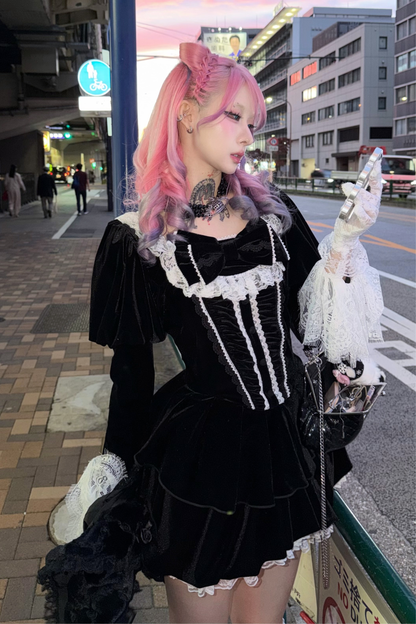 リボンゴシックベルベットレースドレス