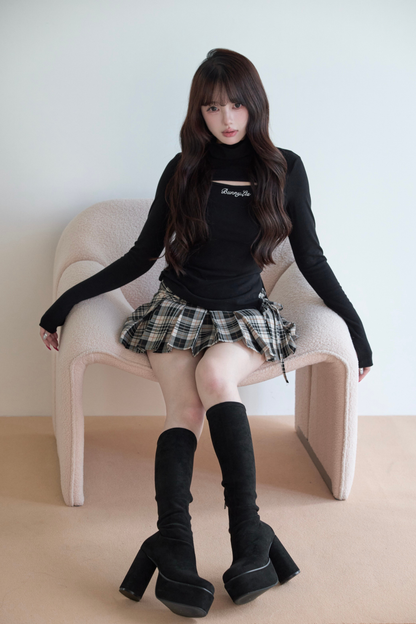 High Neck Knit Top + Check Skirt