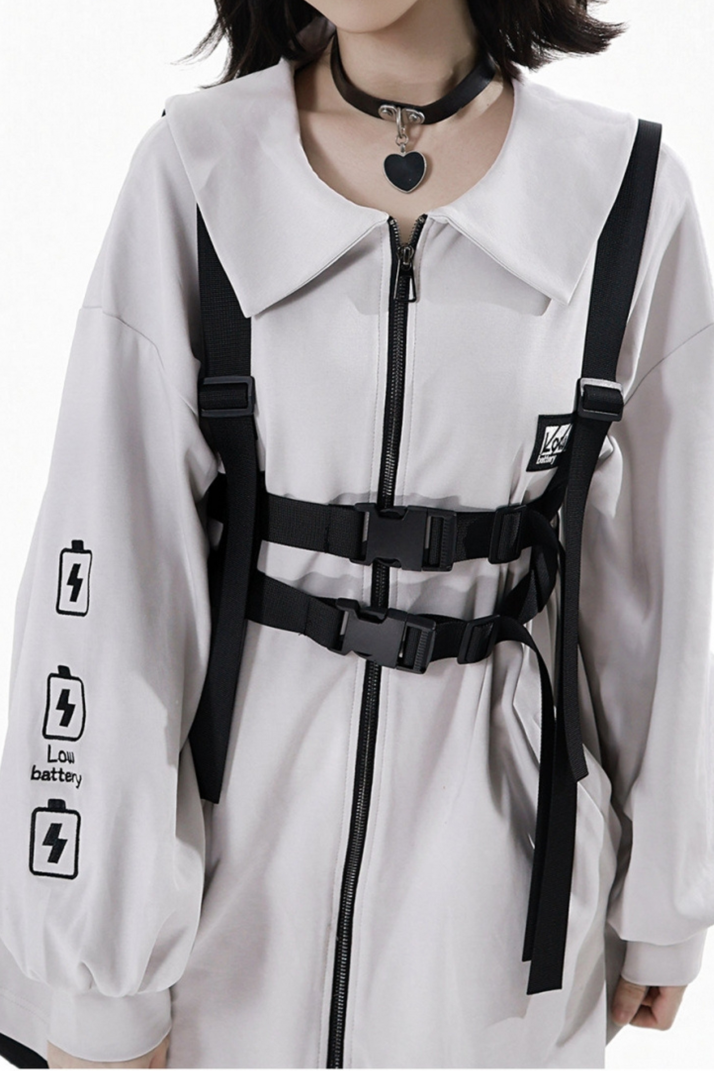 Neutral hooded jacket + coat + top + pants + straps