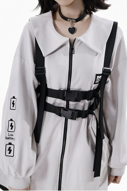 Neutral hooded jacket + coat + top + pants + straps