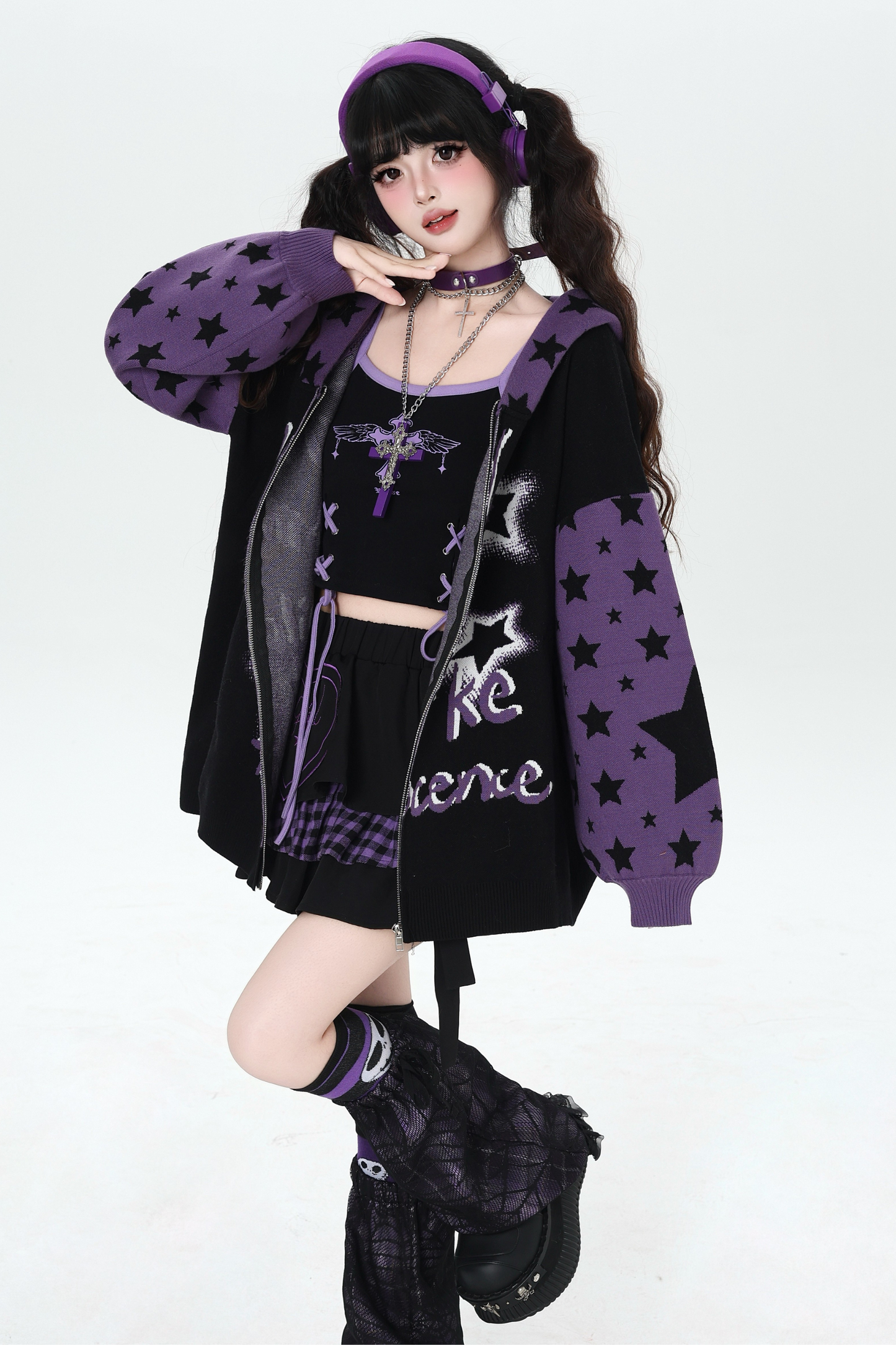 Star Gothic Bicolor Hooded Knit Cardigan