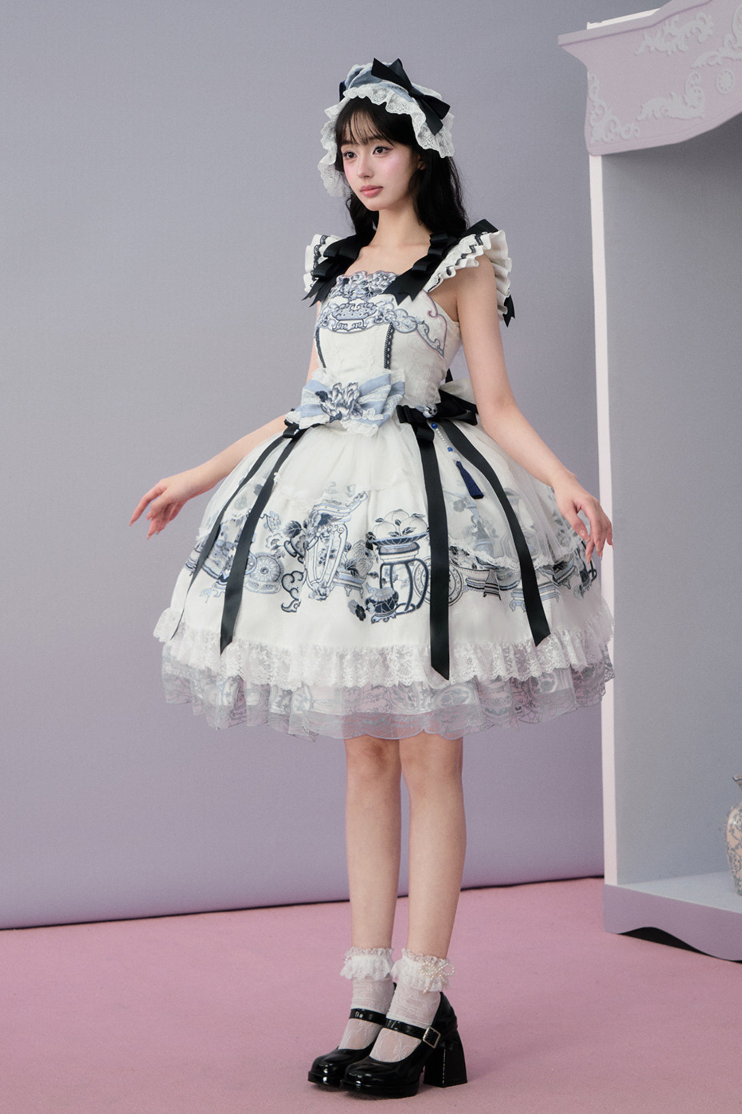 중국 디자인 플라잉 슬리브 로리타 원피스 + 리본