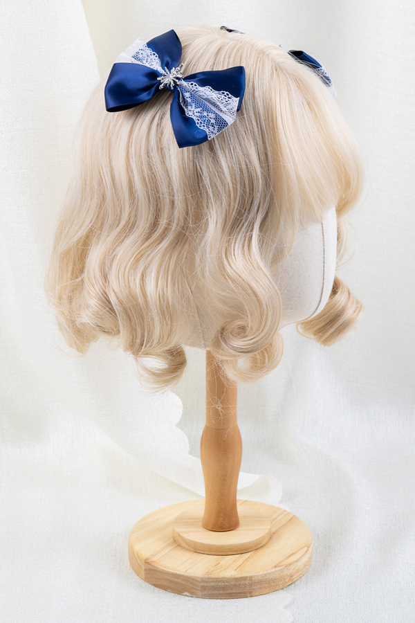 ネイビーブルーロリータボンネット+ヘアバンド+ハットクリップ+リボンクリップ