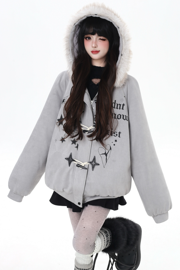 Letter Fur Collar Loose Suede Jacket