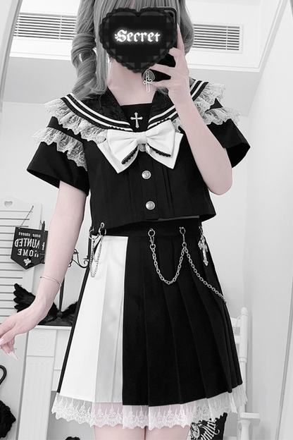 ダークガールカレッジセーラートップス+スカート+リボン+スカートチェーン