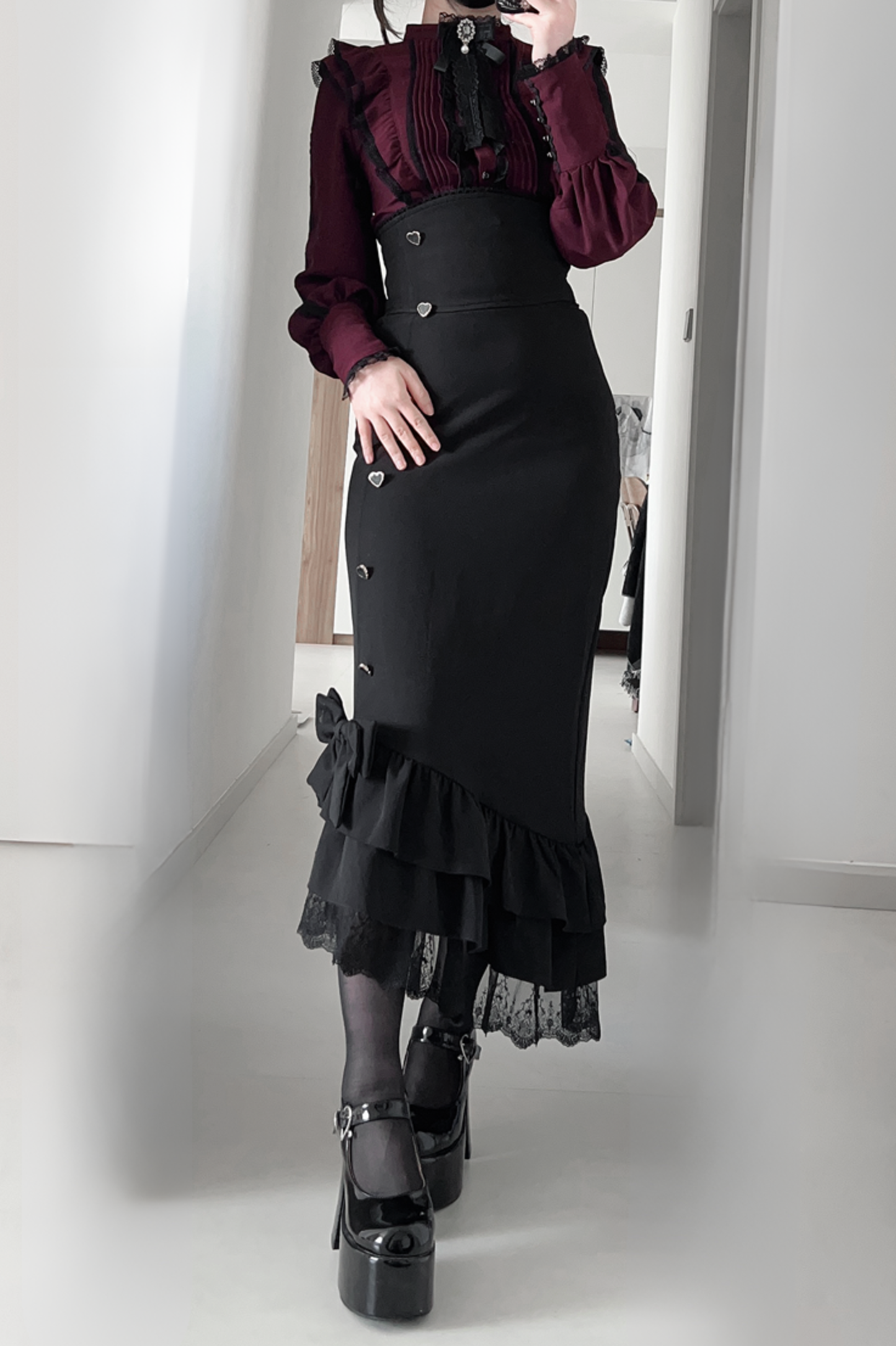 【数量限定】Heartbeat Love Songクリアエレガントリボンシャツ＋フィッシュテールスカートセット