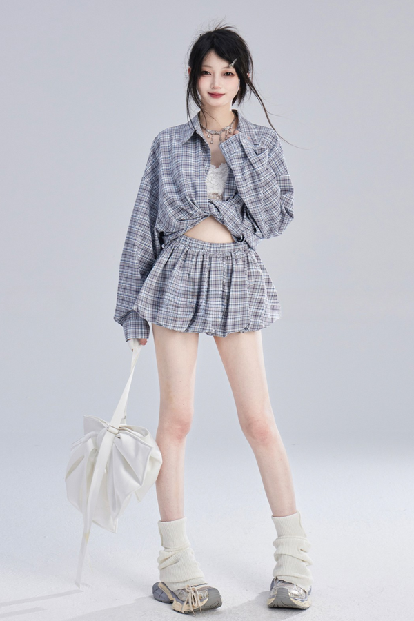 ヴィンテージチェックオーバーシャツ＋チェックショートスカート