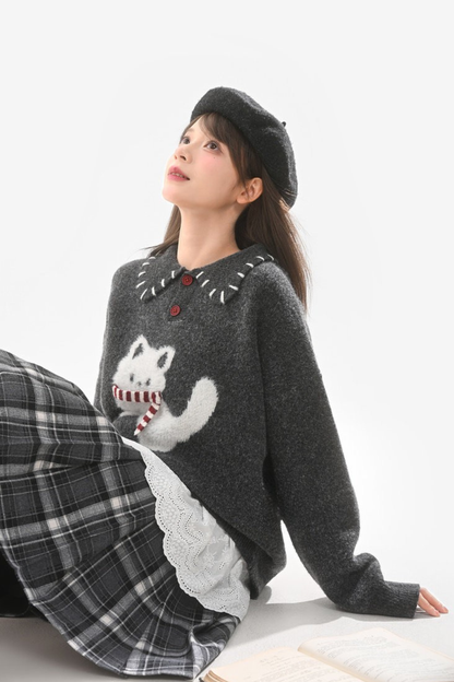 キャットニットセーター+スノーフレークカーディガン