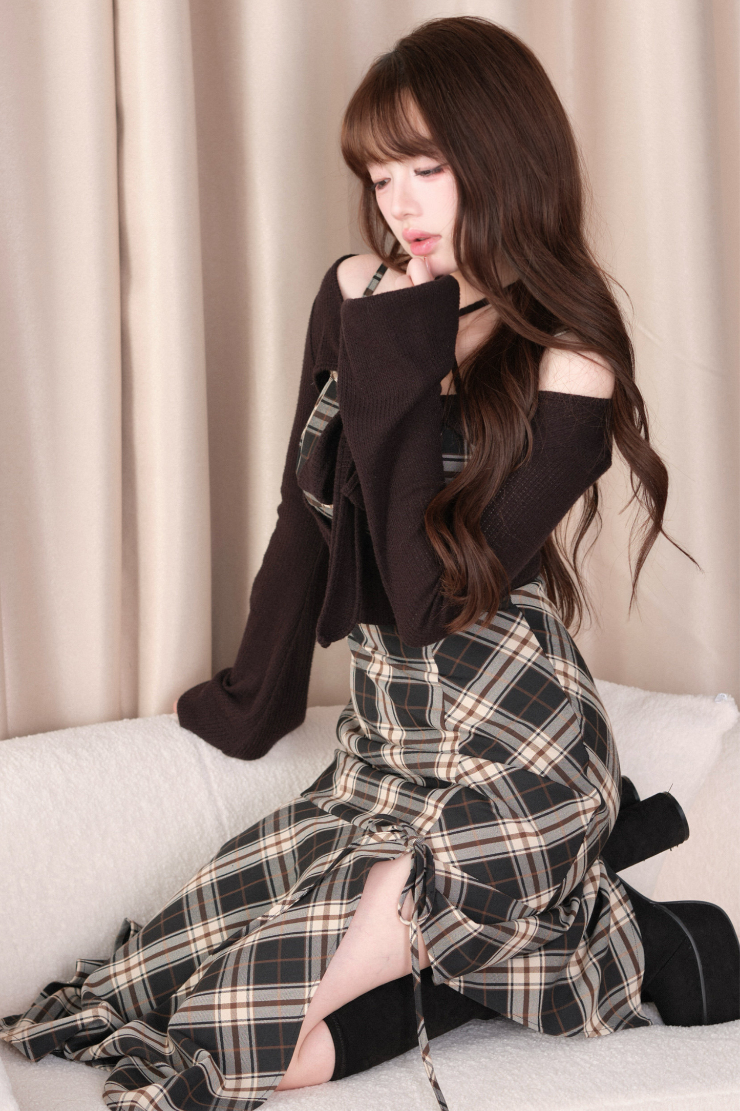 체크 슬릿 원피스 + 탑