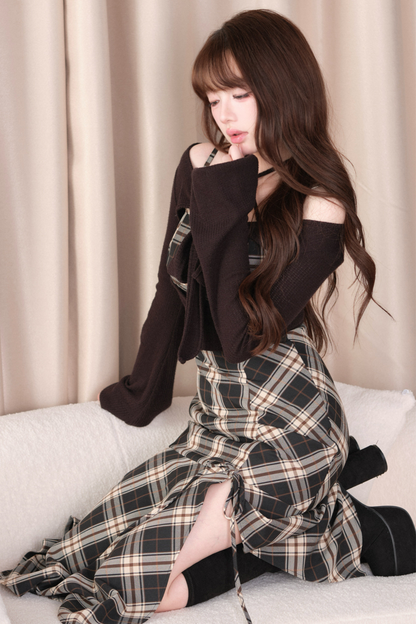 체크 슬릿 원피스 + 탑