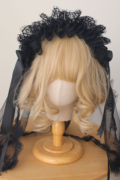 ダークレースゴシックハット+ベール+ヘアバンド+チョーカー+スリーブ