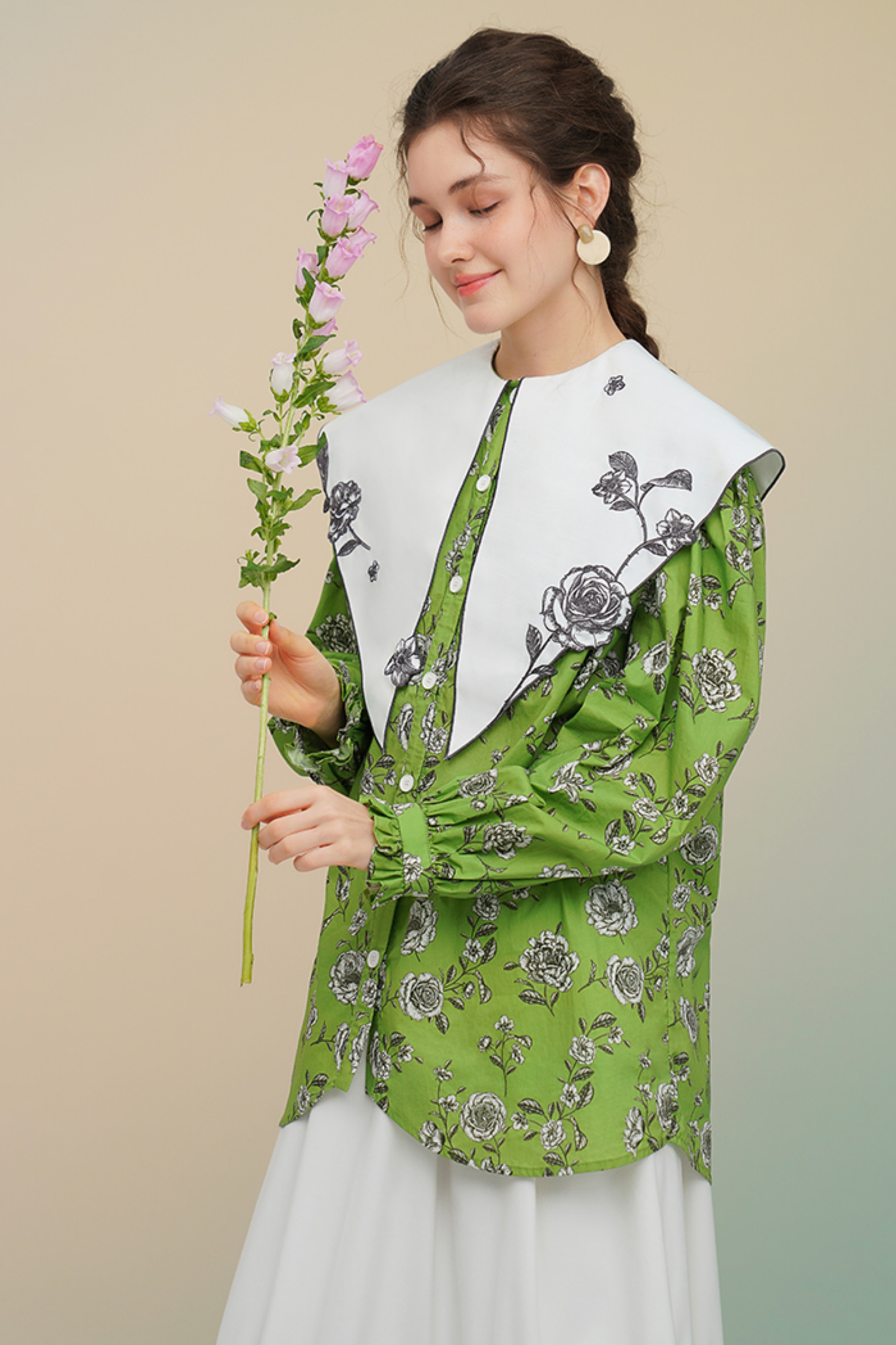 グリーンローズフレンチヴィンテージプリントシャツ