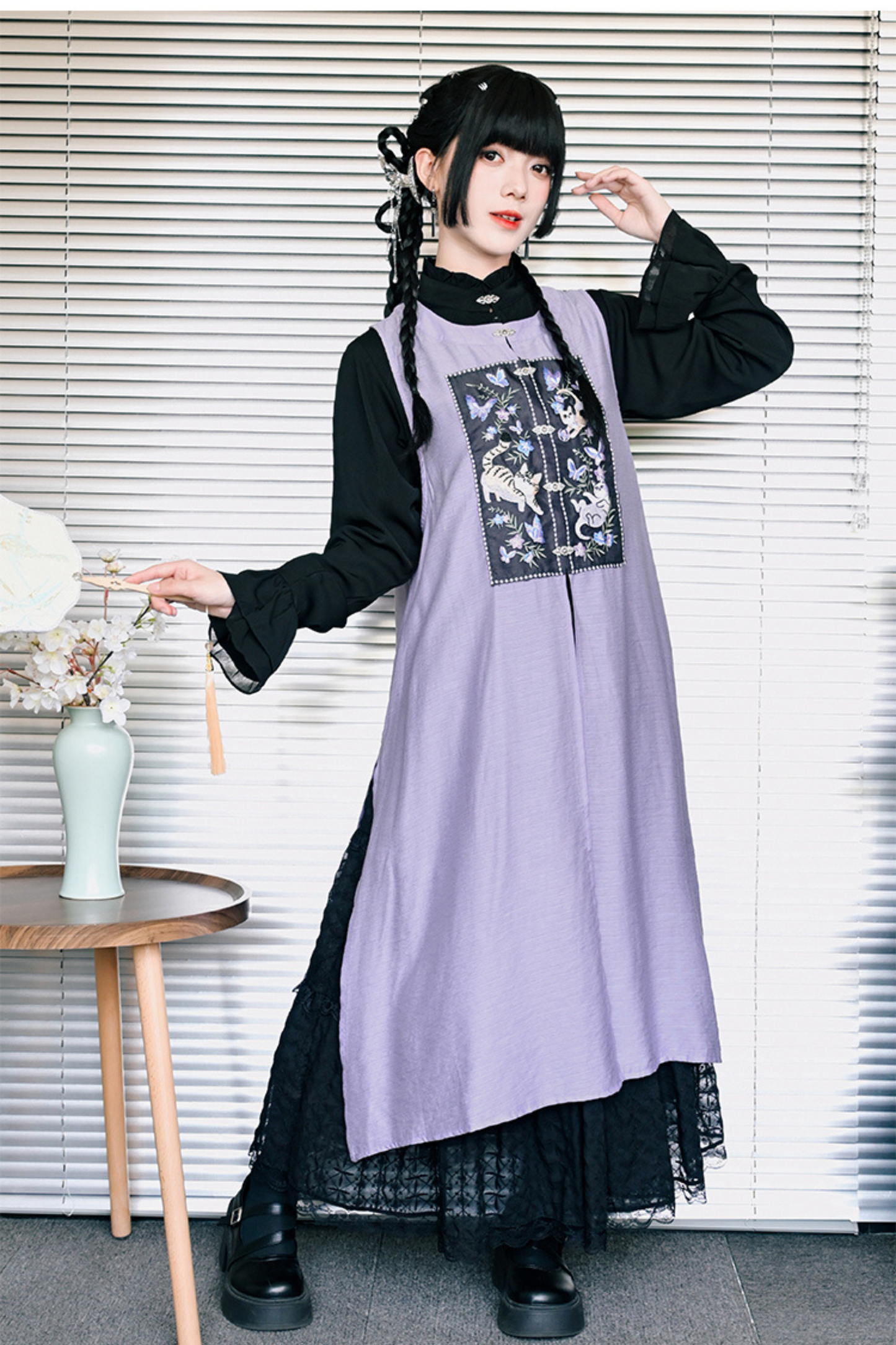 チャイナガーリーノースリーブサンドレスパッチワンピース