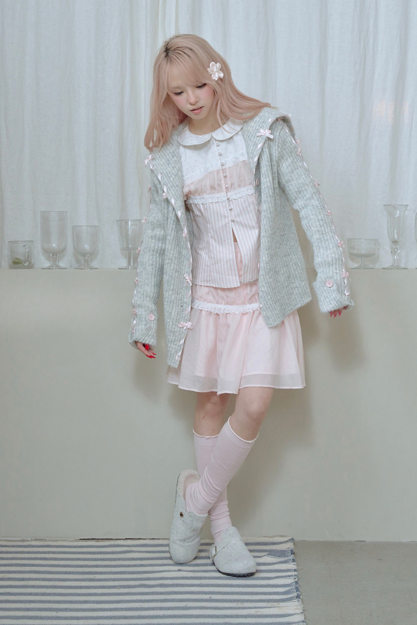 レースアップラインリボンニットカーディガン