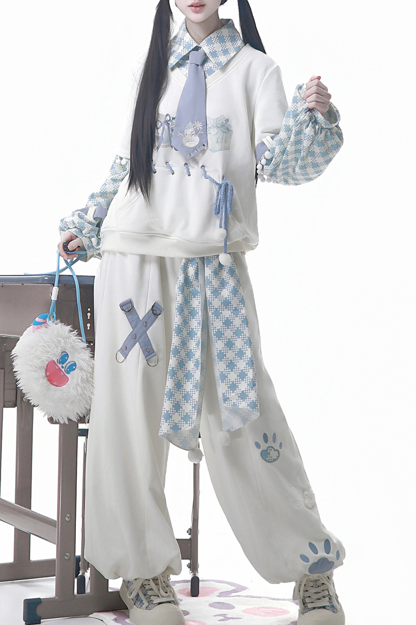 デジタルチェックトップス+ワイドパンツ+ベルト+ネクタイ