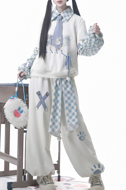 デジタルチェックトップス+ワイドパンツ+ベルト+ネクタイ