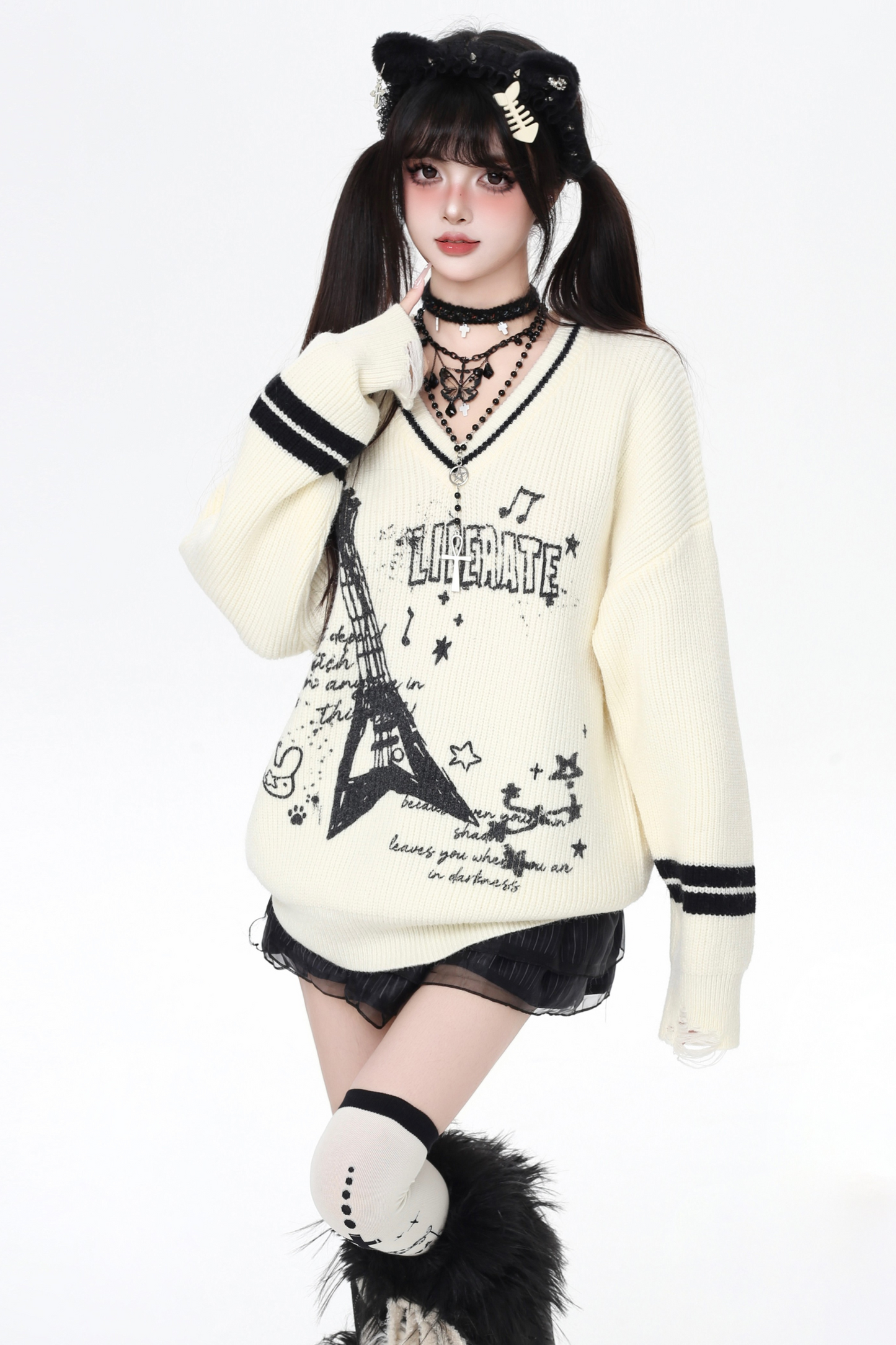 クールロックスタイルギターVネックルーズロングスリーブニット