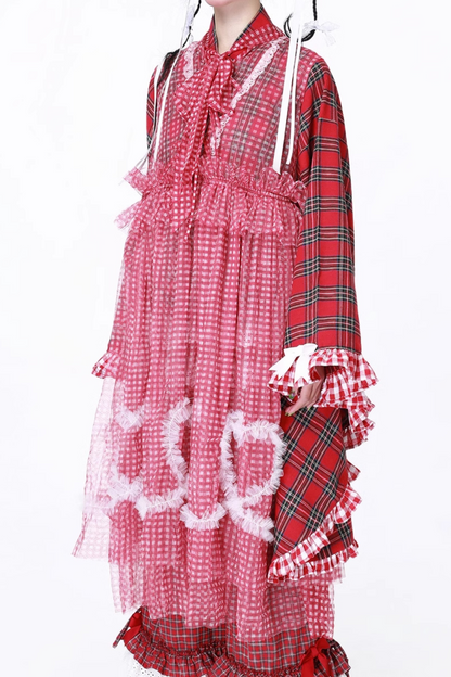 Retro Heart Mesh Plaid Skirt