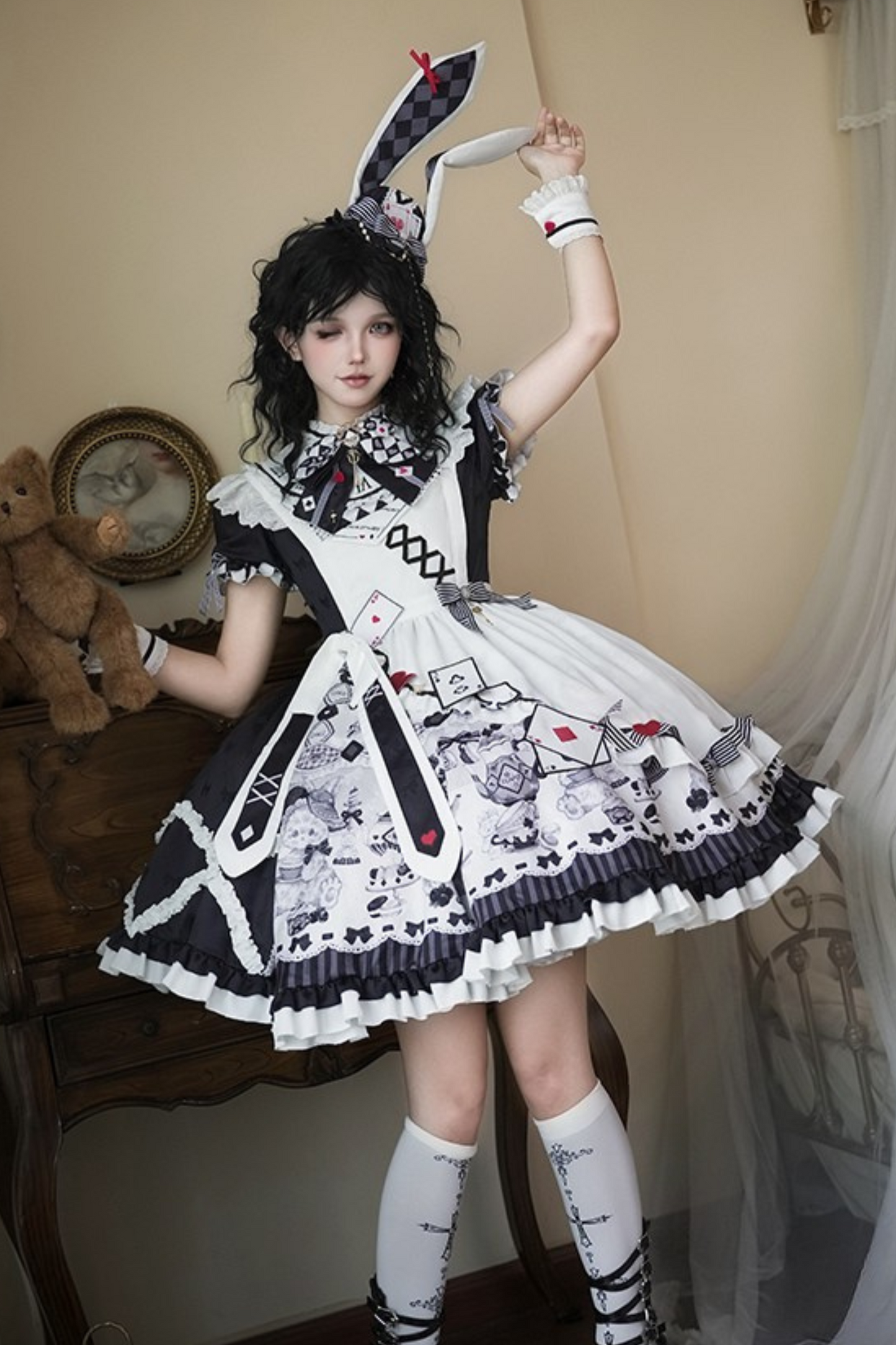 【数量限定】アリスティーパーティーアシメエプロンドレス＋うさ耳ハットドレスフルセット