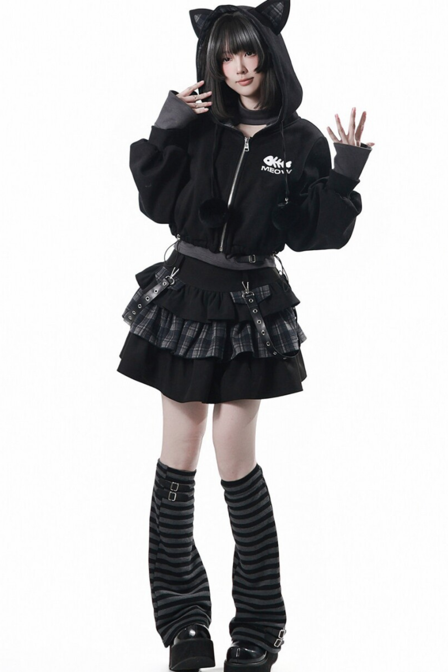 貓耳外套+蛋糕裙+上衣+條紋腿套