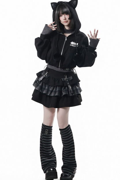 貓耳外套+蛋糕裙+上衣+條紋腿套